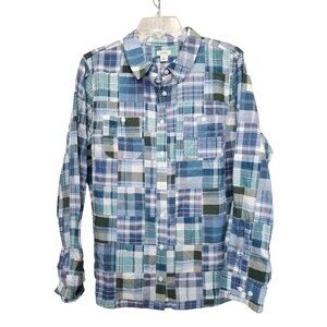 LL Bean Women's Cotton Patchwork Plaid Roll-Tab Sleeve Button-Up Shirt Size LGE